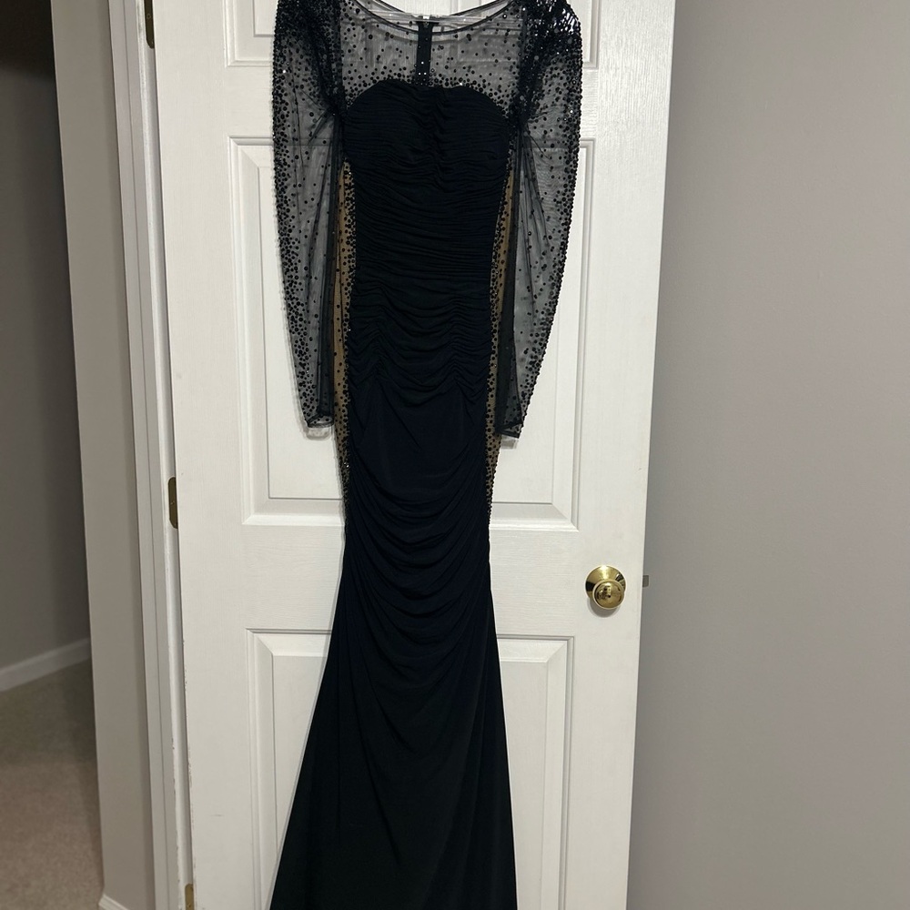 Night Moves by Madison James Black Bodycon Long Sleeve Illusion Gown